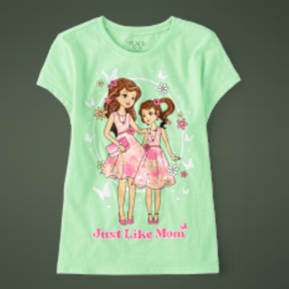 The Children's Place Green and Pink Short Sleeve Tee with Cartoon Graphic